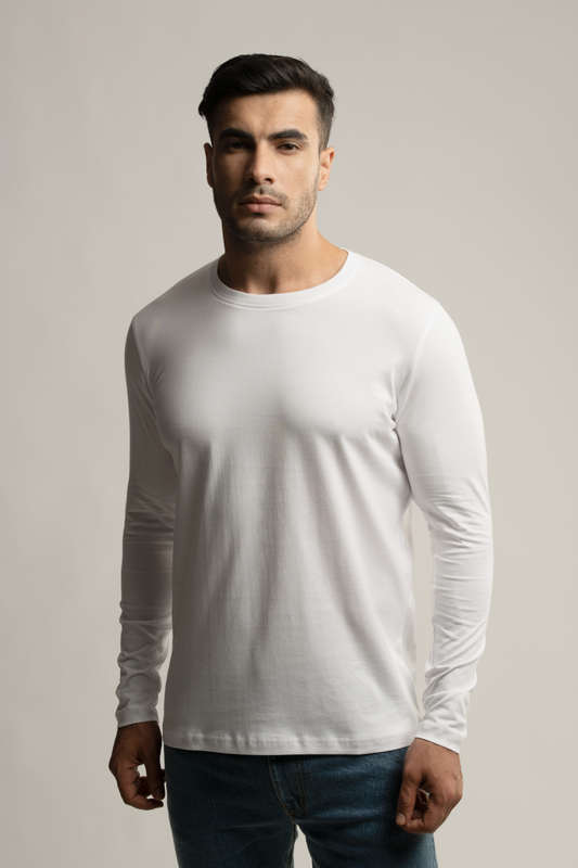 Suvin Gold Long Sleeve Round Neck T-Shirt- White