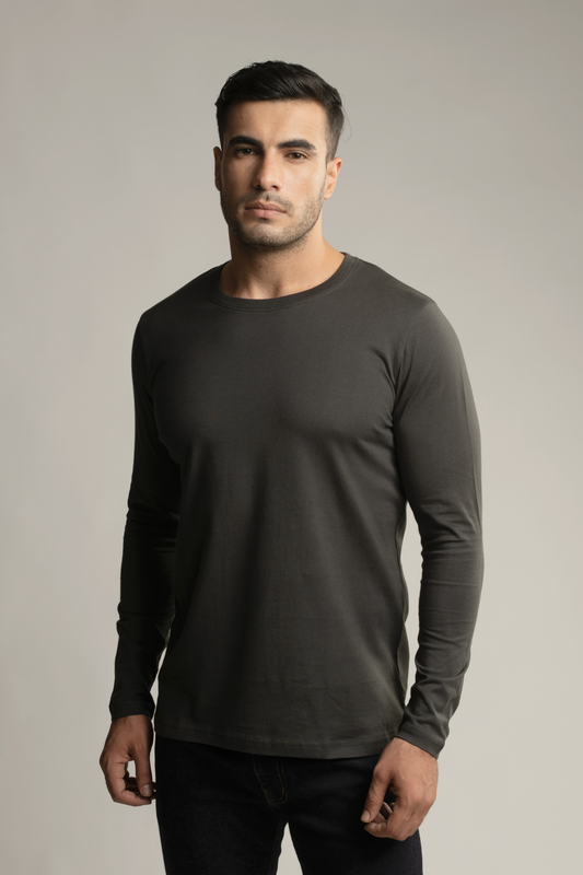 Suvin Gold Long Sleeve Round Neck T-Shirt- Grey