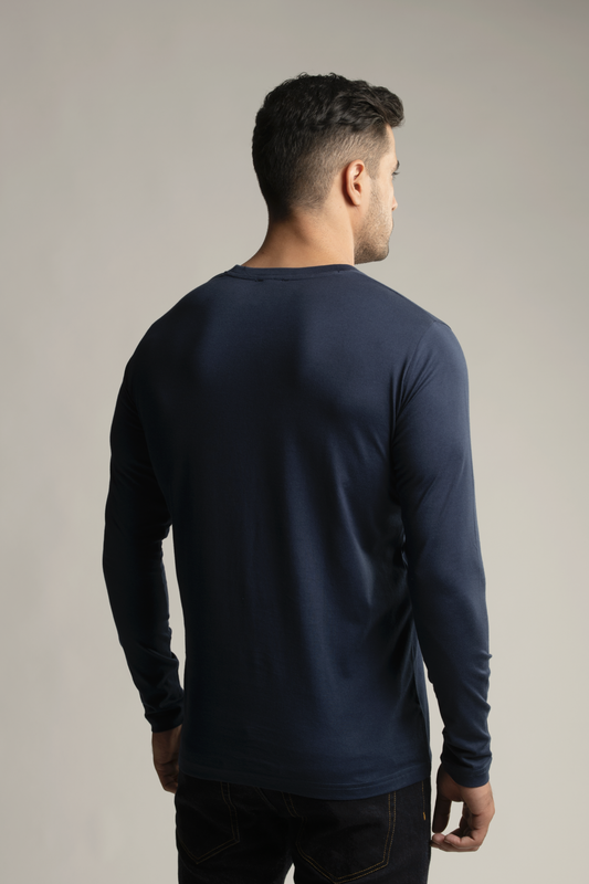 Suvin Gold Long Sleeve Round Neck T-Shirt- Navy Blue