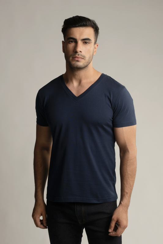 Suvin Gold V-neck T-Shirt- Navy