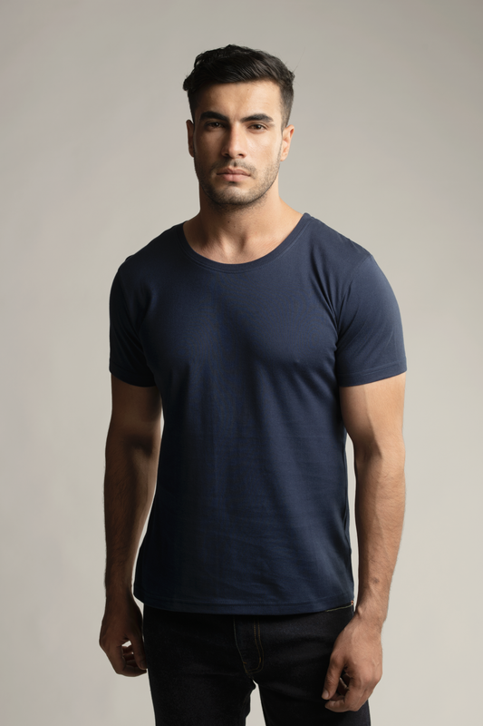Suvin Gold Short Sleeve Round Neck T-Shirt- Navy