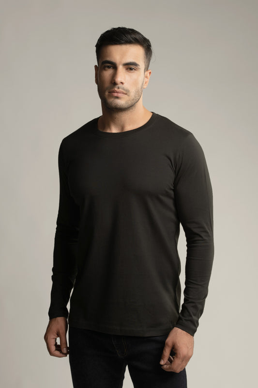 Suvin Gold Long Sleeve Round Neck T-Shirt- Black