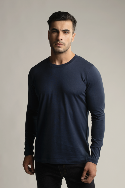 Suvin Gold Long Sleeve Round Neck T-Shirt- Navy Blue